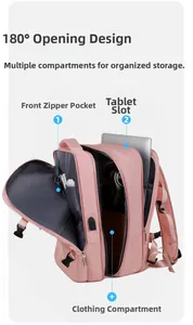 Sac à dos voyage rose avec ouverture à 180 degrés et compartiments de rangement
