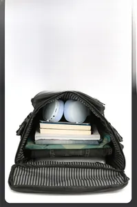 Internal view of multifunctional travel backpack with striped lining and large capacity