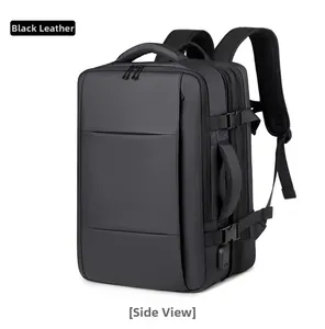 Detail of matte black waterproof travel backpack showing USB port and buckle