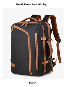 Side view of large black travel backpack with brown leather accents and breathable straps