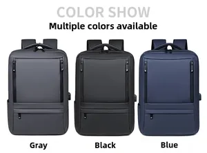 Waterproof business backpacks in grey, black and blue colors with built-in USB port