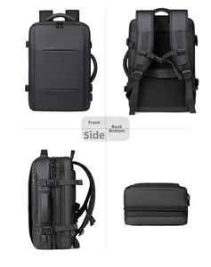 Detailed four-sided views of waterproof travel backpack showing front, back and side