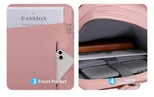 Détails du sac à dos de voyage rose montrant le compartiment avant et la housse PC
