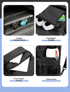 Detail view of multi-functional black travel backpack with specialized laptop and side pockets