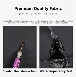 Quality PU fabric detail showing scratch-resistant test and waterproof performance of the bag