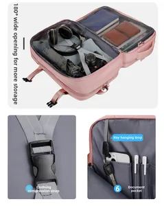 Vue détaillée du sac à dos de voyage rose avec ouverture à 180° et sangles de rangement internes