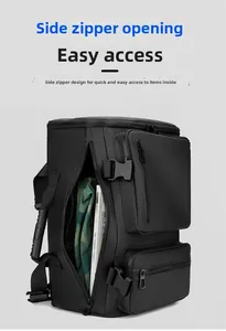 Detail of multi-functional travel backpack featuring a side zipper for quick access