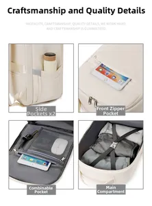 Detail view of laptop backpack showing side pockets, front zipper pocket and main compartments