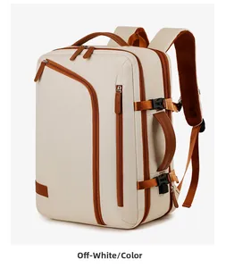 Detail view of cream laptop backpack with brown zippers and reinforced side buckles