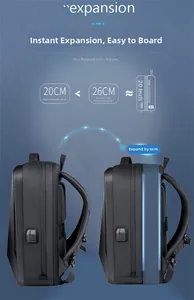 Detail of expandable black gaming backpack showing 6cm width extension and 40L capacity