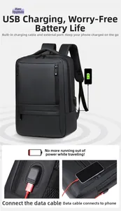 Detail of the business laptop backpack with integrated USB charging port and cable