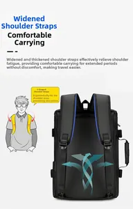 Detail of ergonomic S-shaped widened padded shoulder straps on black travel backpack