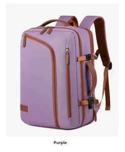Detail view of purple travel backpack featuring reinforced buckles and breathable mesh back padding