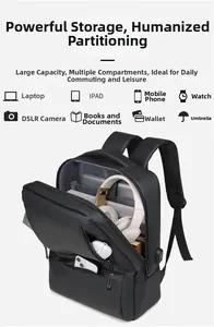 Detailed internal storage compartments showing space for a headset and laptop