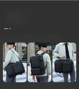 Detail of black multi-functional business bag showing backpack and shoulder modes
