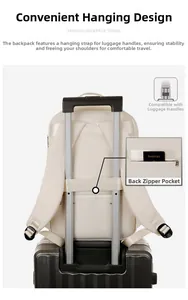 Beige laptop backpack with back luggage strap and hidden anti-theft zipper pocket