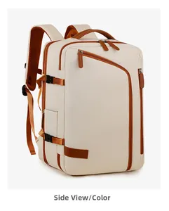 Side view showing S-shaped breathable shoulder straps and beige fabric of travel backpack