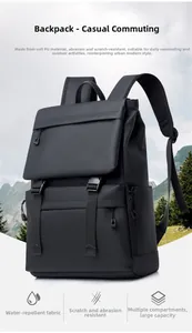 Detail of waterproof black PU leather backpack with large capacity and multi-compartment design