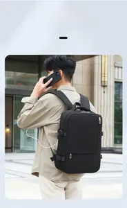 Detail of travel backpack with integrated USB charging port and sleek side buckle design