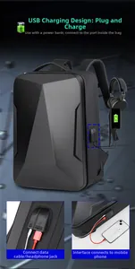 Detail view of the external USB charging port and headphone jack on the black hardshell backpack