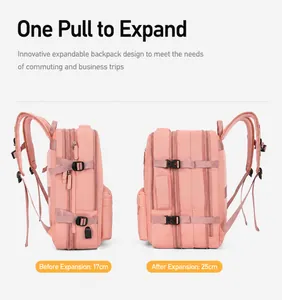 Pink travel backpack side view showing expansion feature from 17cm to 25cm with USB port