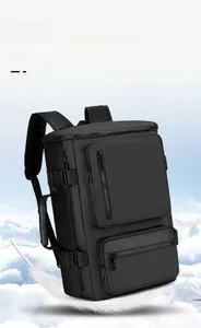 Close-up of waterproof business travel backpack with reinforced side buckles and handles