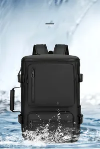 Detailed view of waterproof high-density Oxford fabric on black business travel backpack