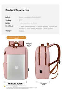 Detail of pink oxford backpack with USB port, multi-pockets, and 14-inch laptop storage