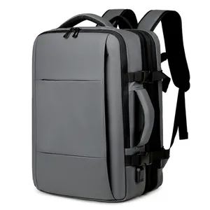 Expandable grey waterproof business backpack for 17-inch laptops with USB port
