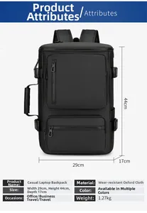 Detail view of versatile travel backpack showing dimensions 29x44x17cm and oxford fabric