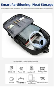 Macro view of travel backpack interior showing 3-4 days capacity and organized pockets
