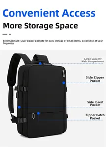 Detail view of large capacity black travel backpack with USB port and multiple pockets