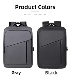 Business backpack detail showing side USB charging port and waterproof fabric texture