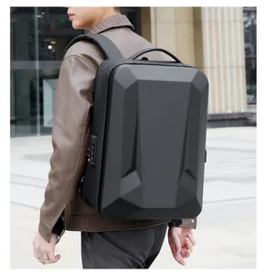 Detail of hard shell gaming backpack with geometric design and anti-theft combination lock