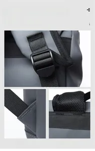 Detail of reinforced backpack straps with plastic buckles and breathable mesh padding