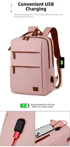 Pink commute backpack featuring an integrated USB charging port and brown accents