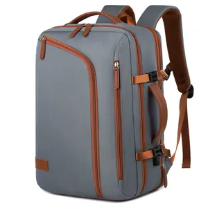 Versatile grey-blue travel backpack with orange accents and multiple storage compartments
