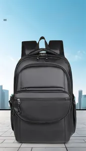 Close-up of multifunctional black backpack featuring durable water-resistant fabric textures