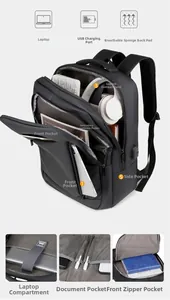 Detailed interior of high-capacity business backpack with laptop sleeve and USB port