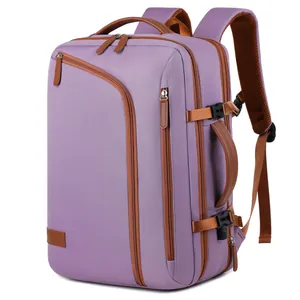 Purple large capacity travel business backpack with brown details and mesh straps