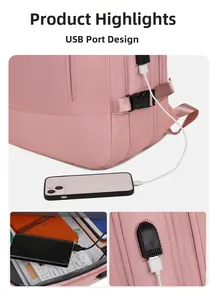 Sac à dos de voyage rose avec port de charge USB externe et détail du câble fonctionnel
