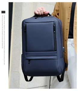 Business laptop backpack in navy blue with USB port and multiple zippered compartments