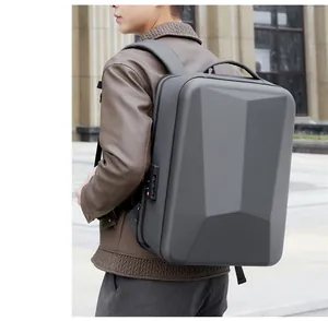 Detail view of anti-theft 3-digit combination lock on grey hard shell hardside backpack