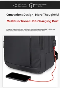 Detail of laptop backpack showing integrated USB charging port and airplane carry-on size