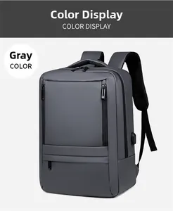 Detail view of water-resistant gray laptop backpack with external USB charging port
