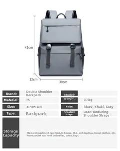 Grey PU business backpack with 41x30x12cm dimensions for 15.6 inch laptop storage