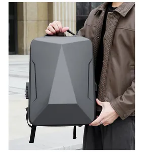 Detail of hardshell gaming laptop backpack featuring geometric design and security lock