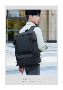 Black large capacity travel backpack with multiple compartments and side buckles