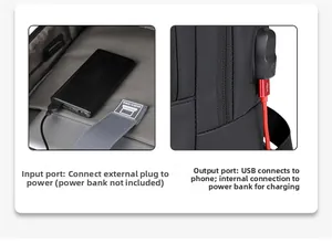 Detail showing the internal USB cable and external charging port on the black backpack
