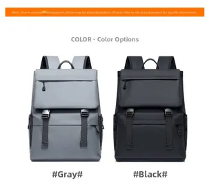Minimalist travel backpack in grey and black colors with buckle closure and mesh straps